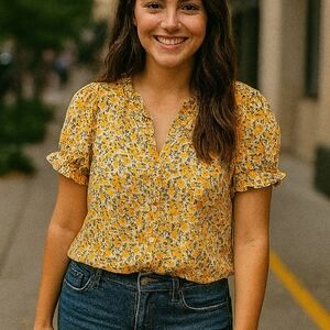 Yellow Ditsy Floral Top M 100% Rayon V-neck Cap Puff Sleeve Cottagecore